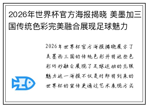 2026年世界杯官方海报揭晓 美墨加三国传统色彩完美融合展现足球魅力 2026年世界杯官方海报揭晓 美墨加三国传统色彩完美融合展现足球魅力